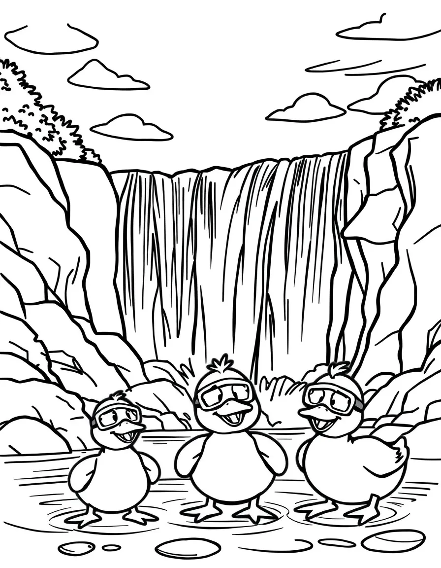 Niagara Falls with happy little ducks wearing swim goggles.