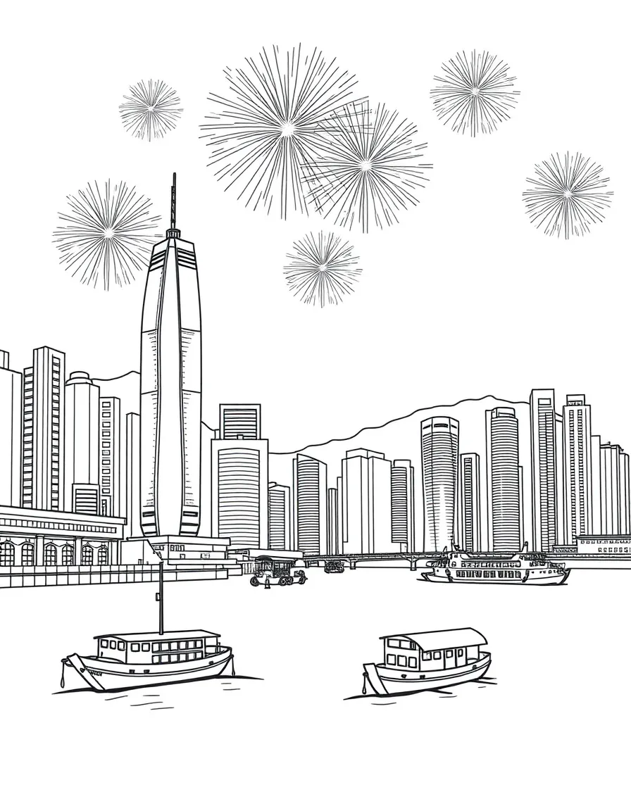 The iconic Victoria Harbour in Hong Kong with tall skyscrapers, traditional junk boats, and fireworks exploding in the sky.