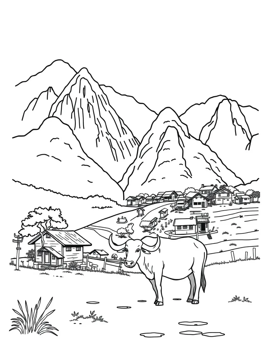 A peaceful scene in rural Hong Kong with green mountains, a small village, and a water buffalo.
