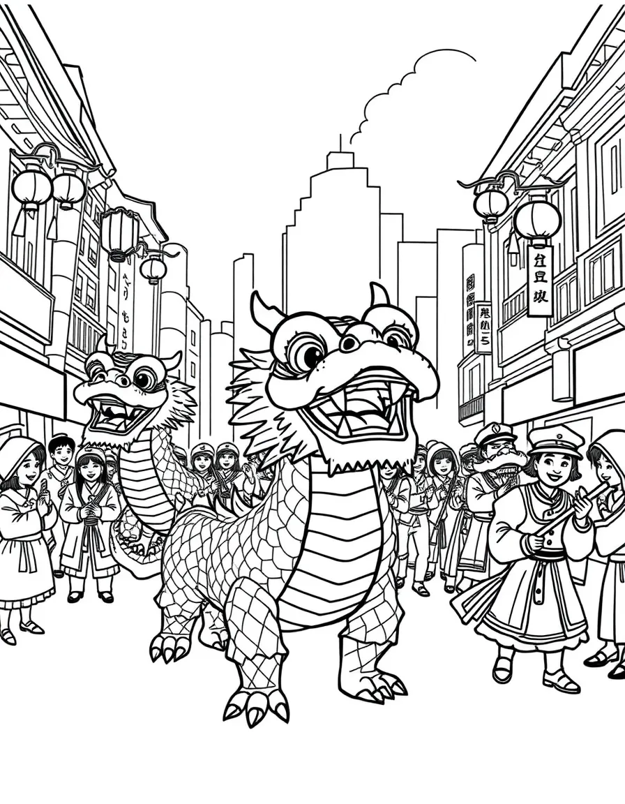A traditional dragon dance parade in Hong Kong with colorful dragons and happy musicians.