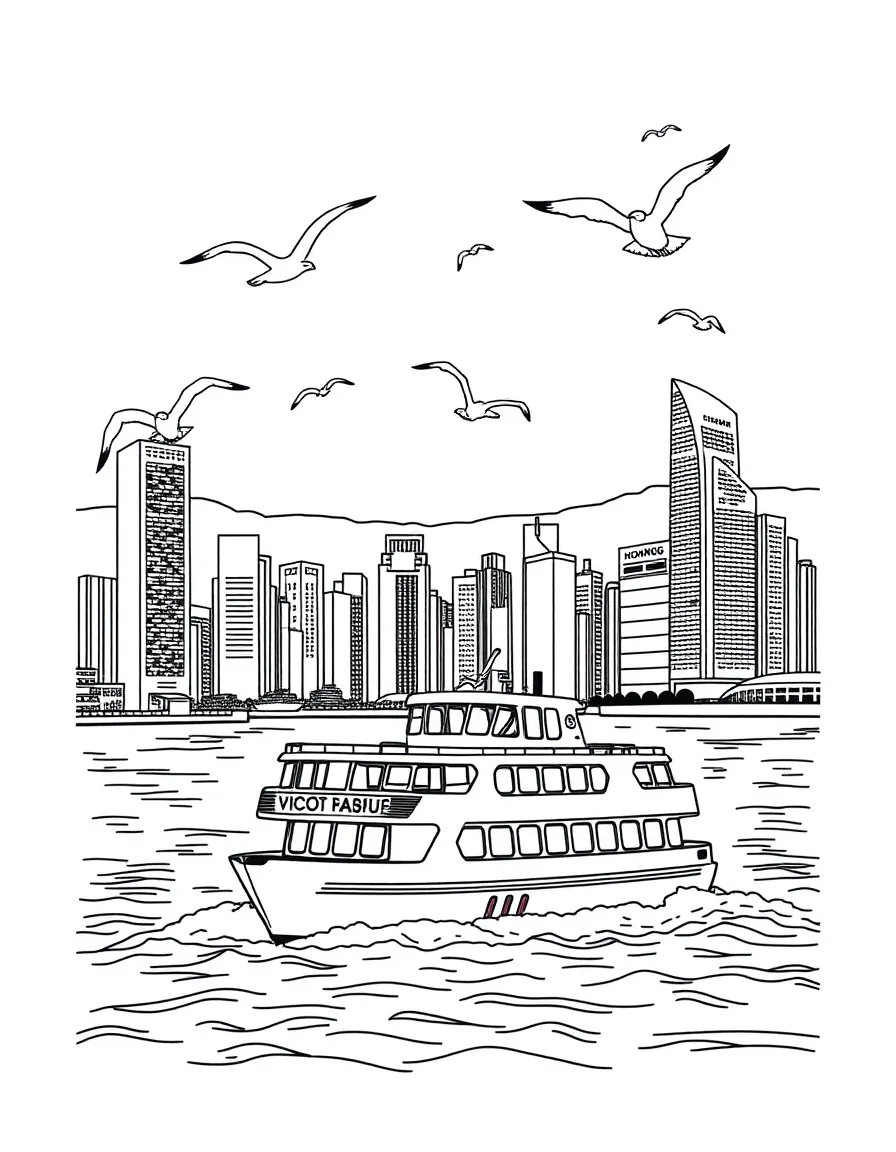 A ferry crossing Victoria Harbour in Hong Kong, with seagulls flying overhead and the city lights sparkling.