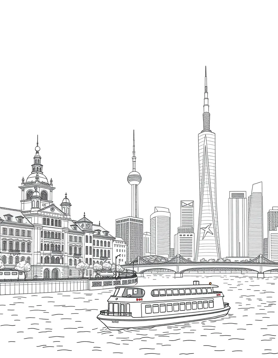 The Bund in Shanghai with grand old buildings, a river cruise boat, and the modern Pudong skyline across the water.