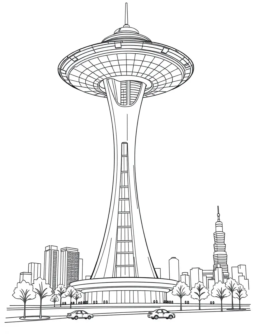 The futuristic Oriental Pearl TV Tower in Shanghai with a flying saucer-like top and tiny cars below.