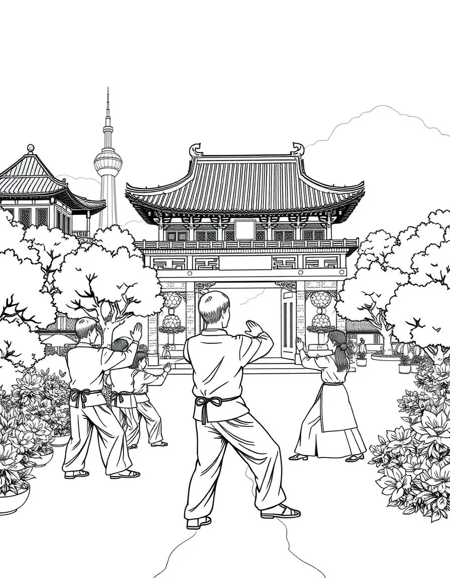 People practicing Tai Chi in a beautiful garden in Shanghai with traditional Chinese architecture.