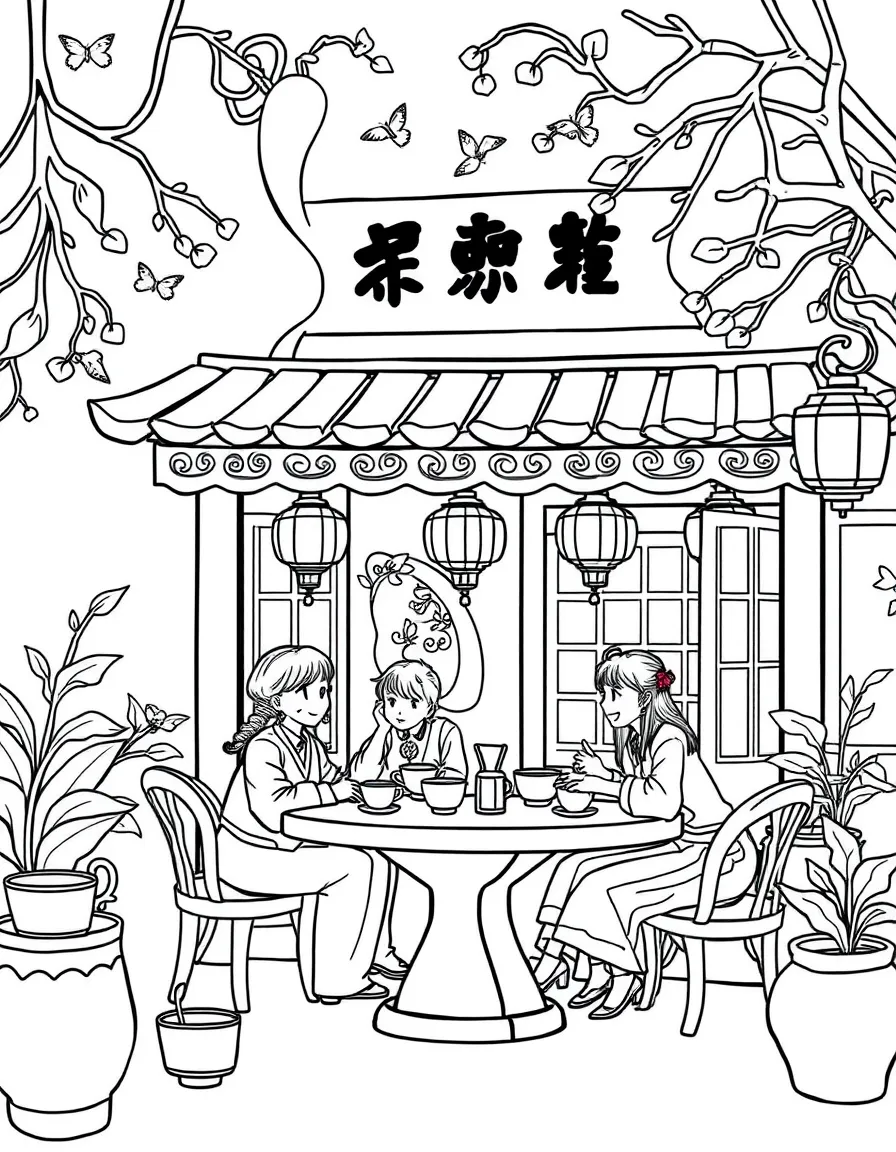 A traditional Chinese tea house in Shanghai with delicate teacups and happy tea drinkers.
