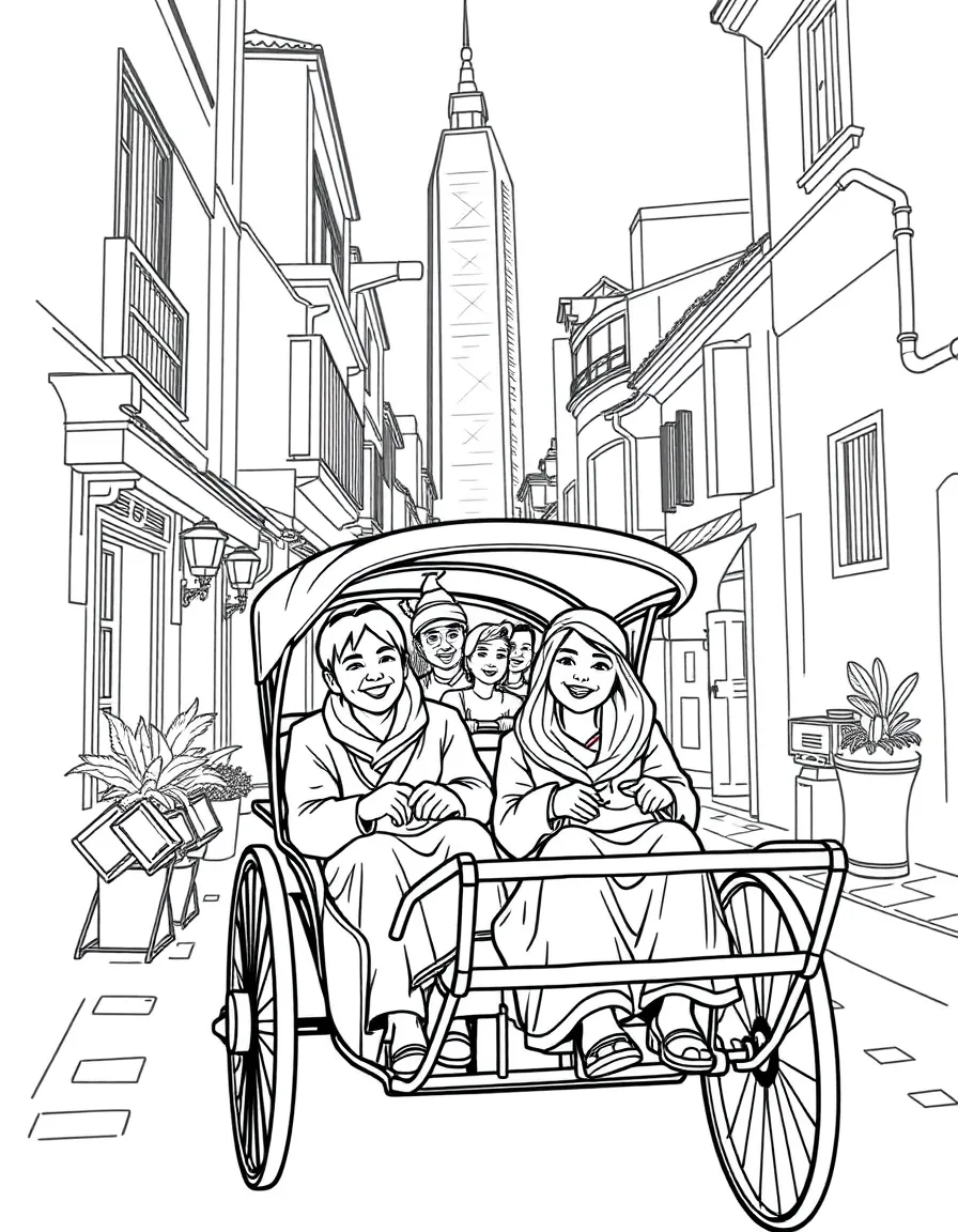 A traditional rickshaw ride through the old lanes of Shanghai with smiling passengers.
