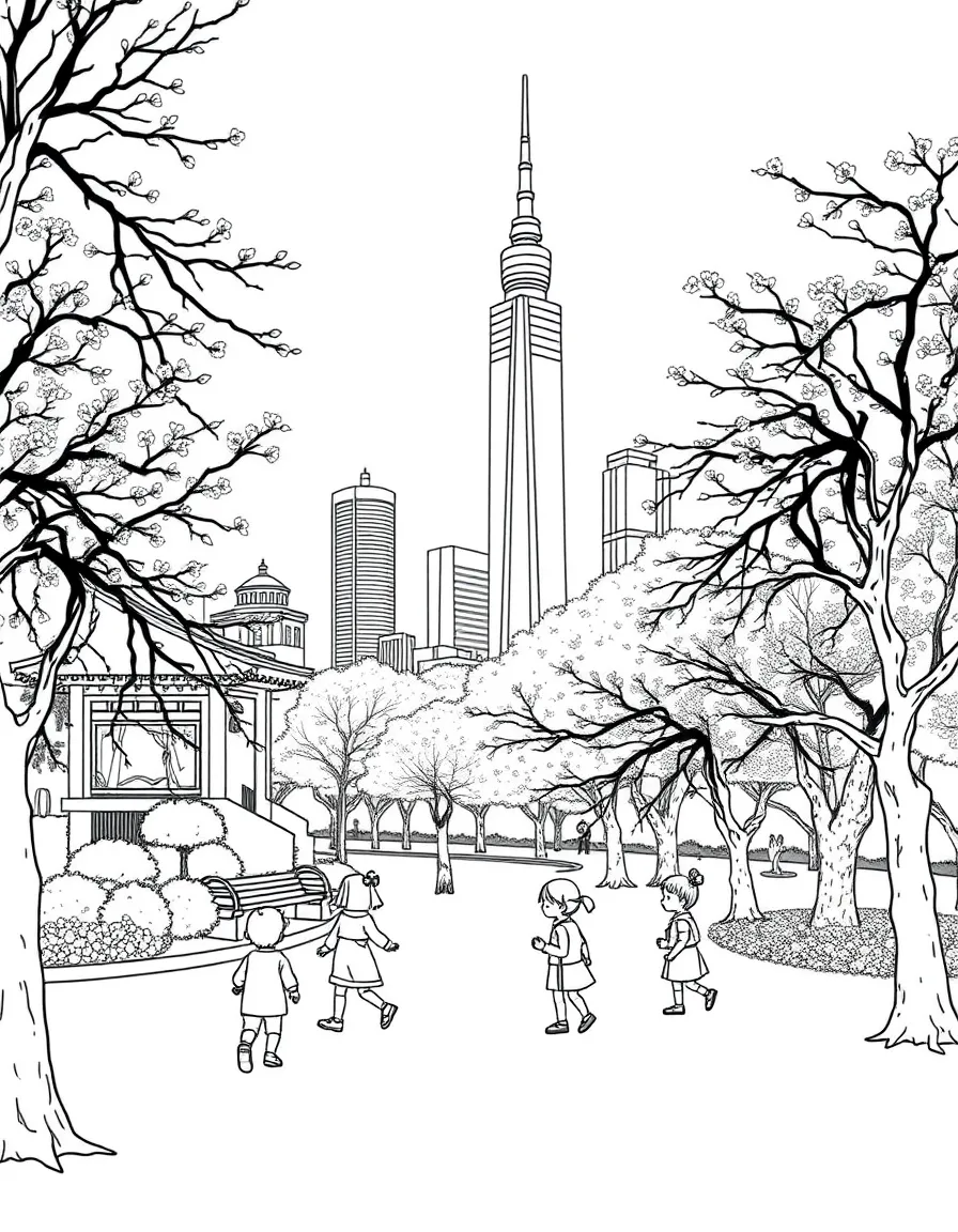 A peaceful scene in a Shanghai park with cherry blossoms blooming and children playing.