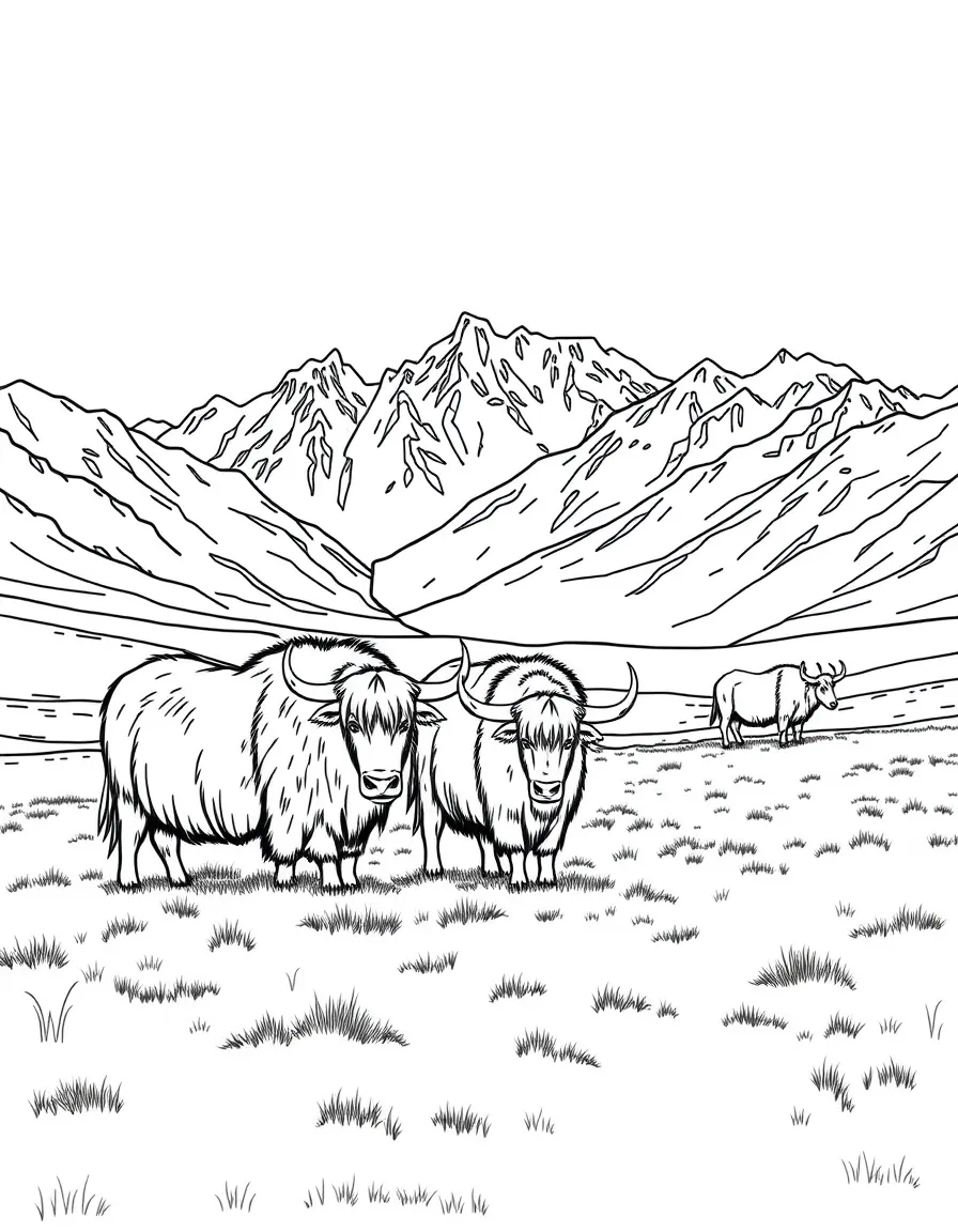 Yaks grazing in a high-altitude meadow in Tibet with snow-capped mountains in the background.