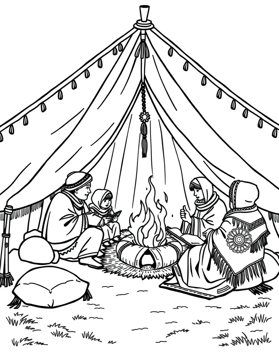 A traditional Tibetan nomad tent with a cozy fire inside and a family telling stories.