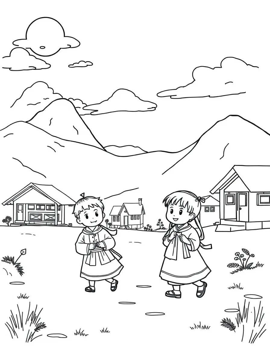 Kids in traditional Tibetan clothing playing in a sunny village.