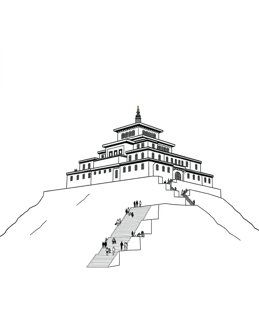 A Potala Palace in Tibet standing majestically on a hill with tiny people walking up the steps.