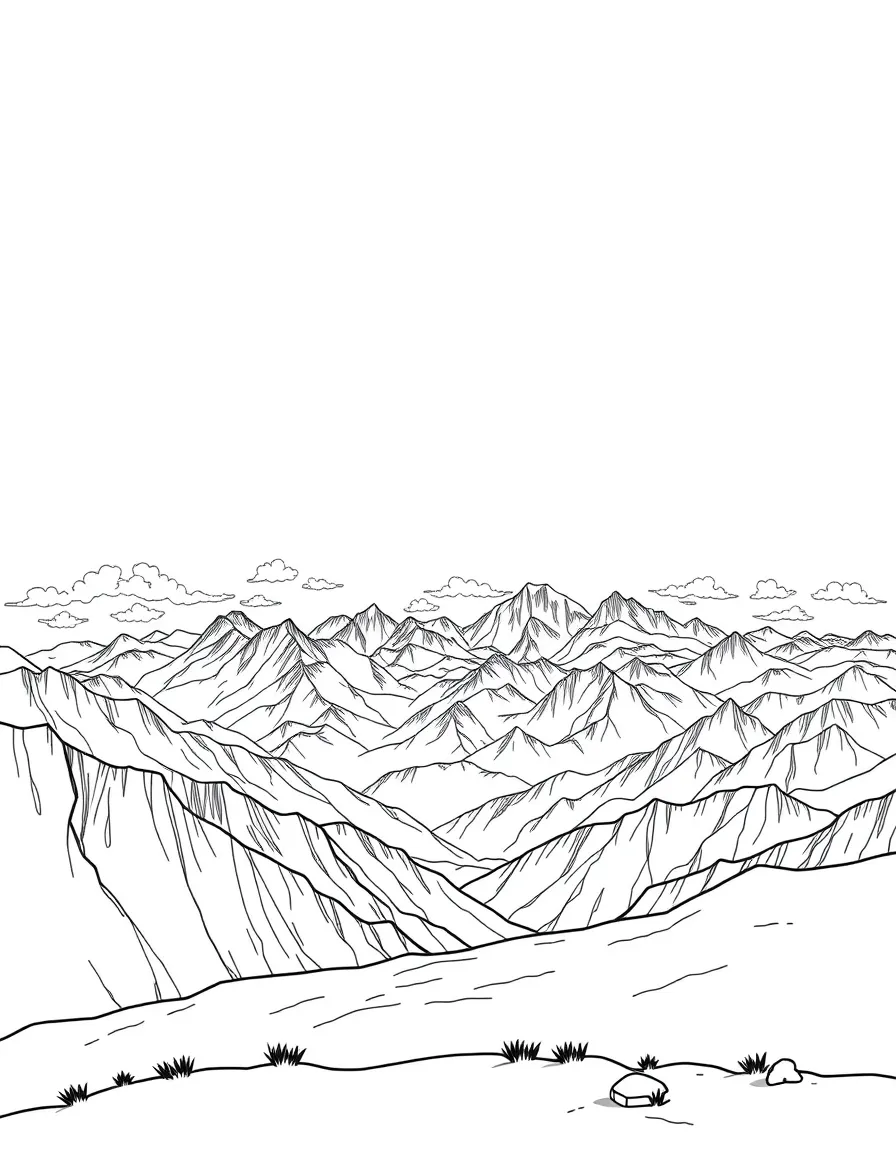 A panoramic view of the Himalayas from Tibet with fluffy clouds and distant peaks.