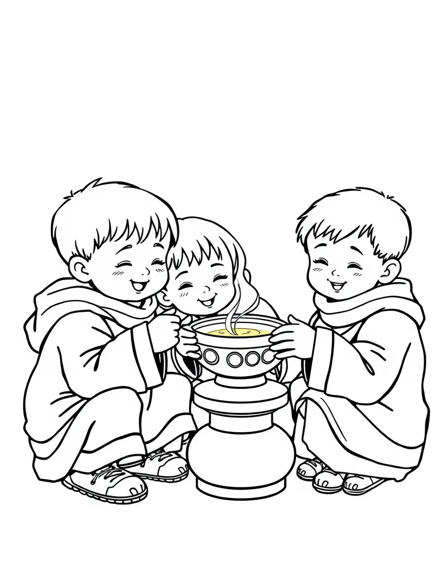 A group of friendly Tibetan children sharing a warm cup of yak butter tea.
