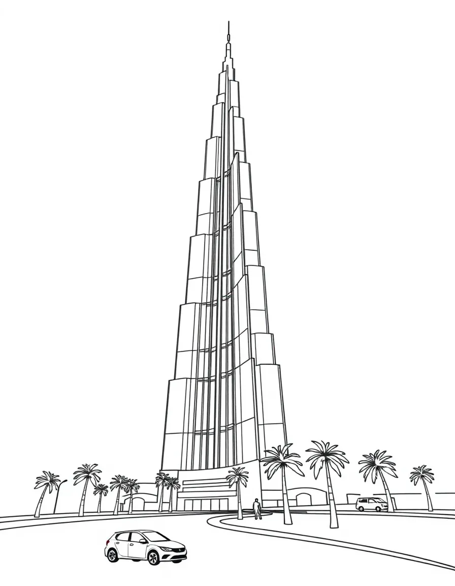 The Burj Khalifa in Dubai reaching high into the sky, with tiny cars and palm trees below.