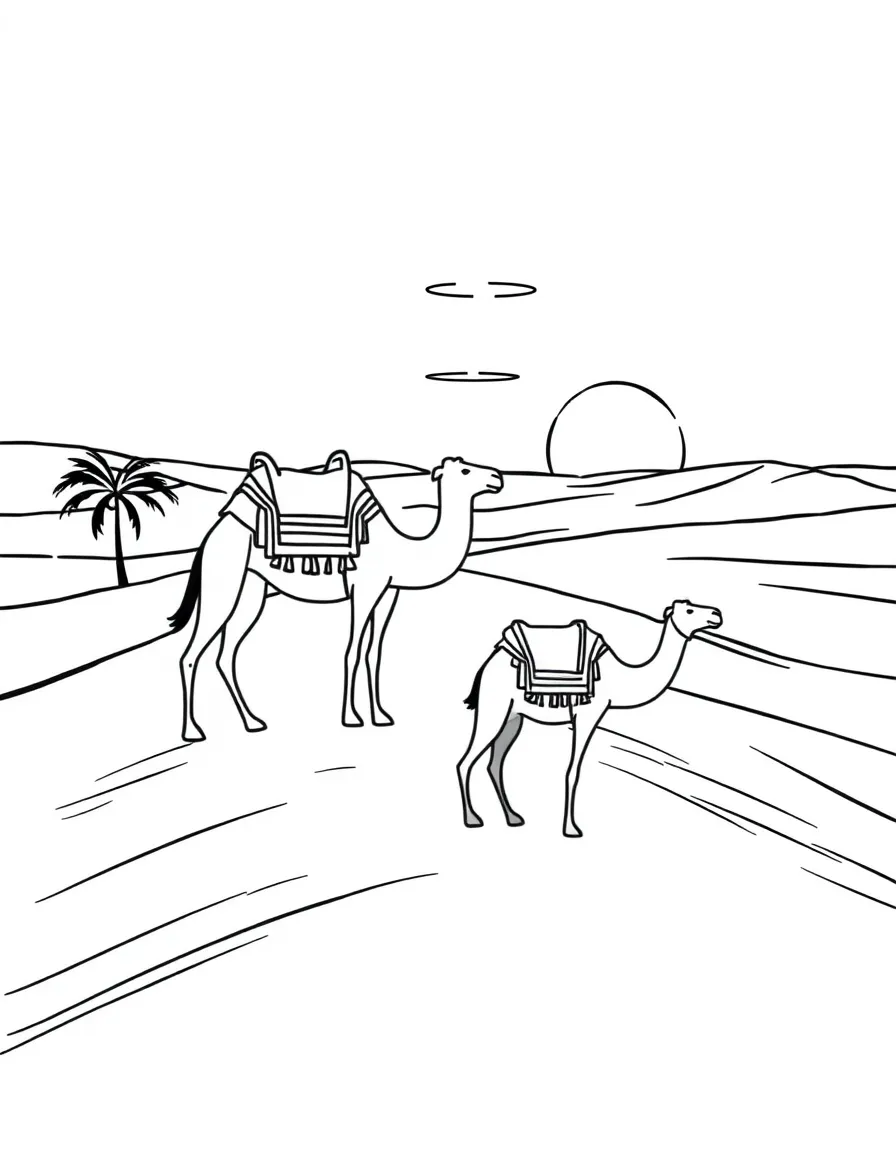A vibrant desert safari in Dubai with camels, sand dunes, and a setting sun.