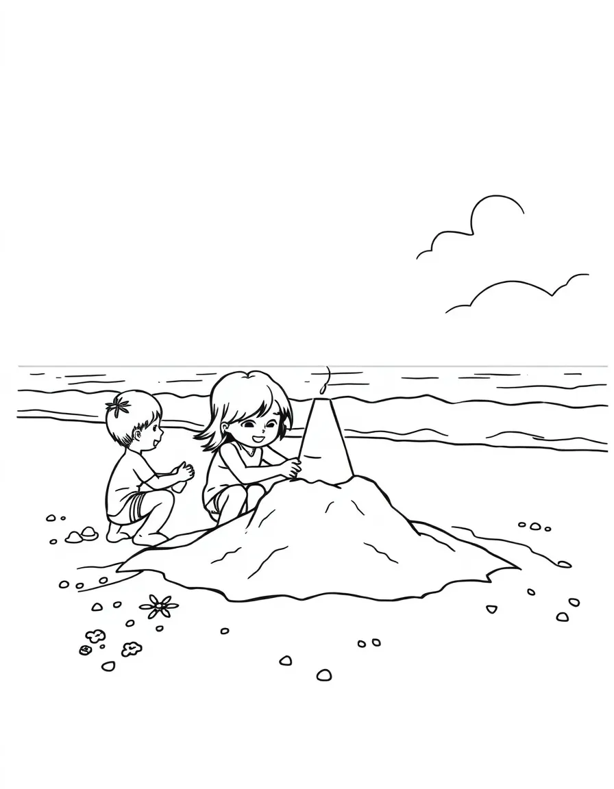 Kids building sandcastles on a sunny beach in Dubai with the ocean waves gently lapping.