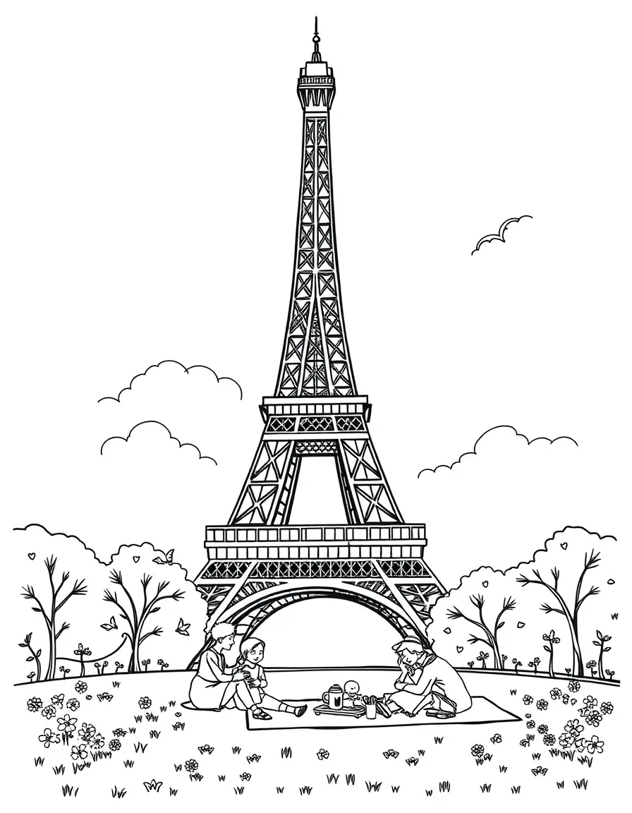 The Eiffel Tower in Paris with happy families picnicking on the grass and blooming flowers.