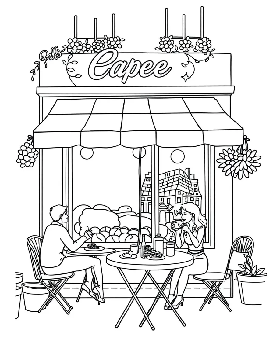 A charming cafe in Paris with outdoor seating, delicious pastries, and smiling people enjoying coffee.