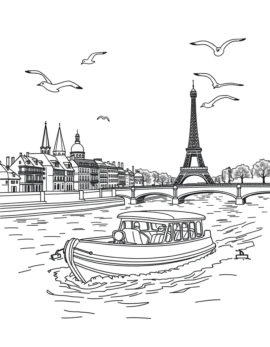A boat ride on the Seine River in Paris with famous landmarks passing by and seagulls flying.