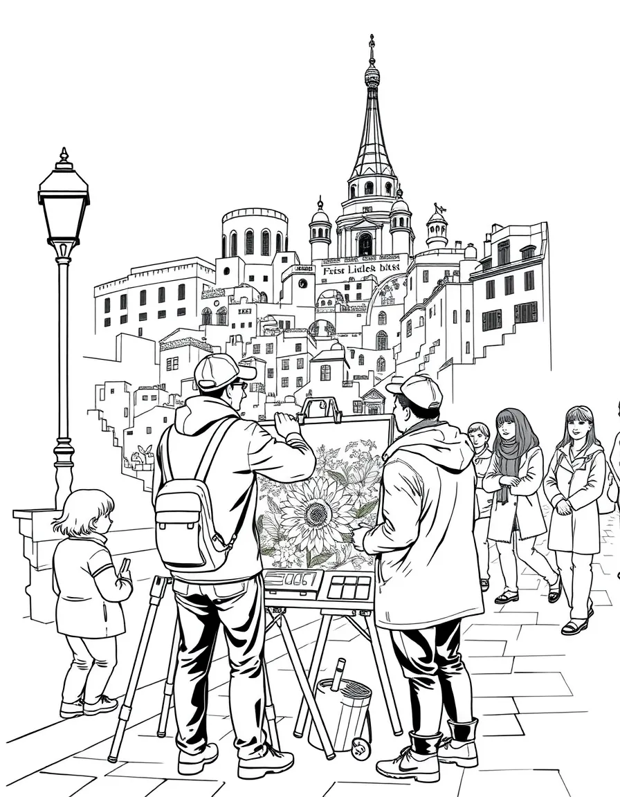 A street artist painting a beautiful picture in Montmartre, Paris, with happy onlookers.