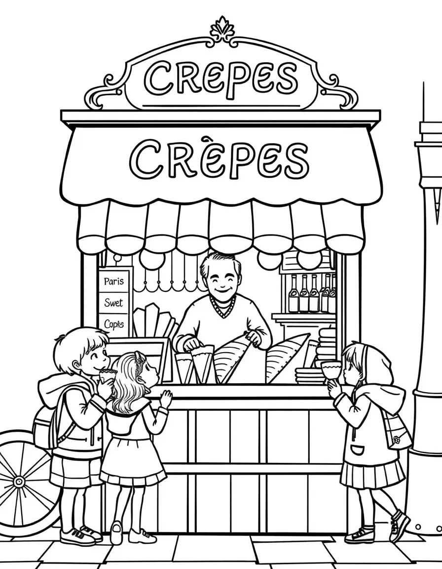 A delicious crêpe stand in Paris with a friendly vendor and happy kids eating sweet treats.