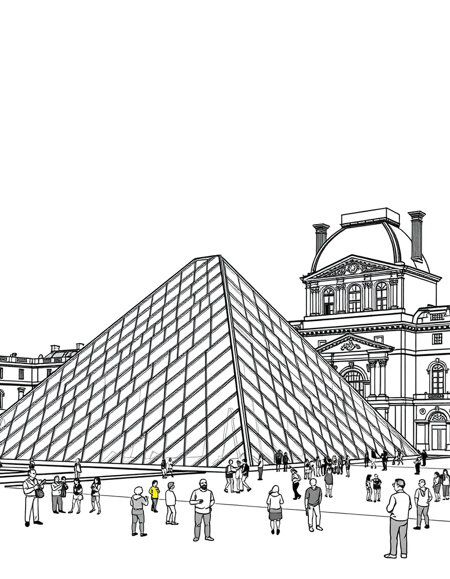 The Louvre Museum in Paris with its glass pyramid and tiny people admiring famous artworks.