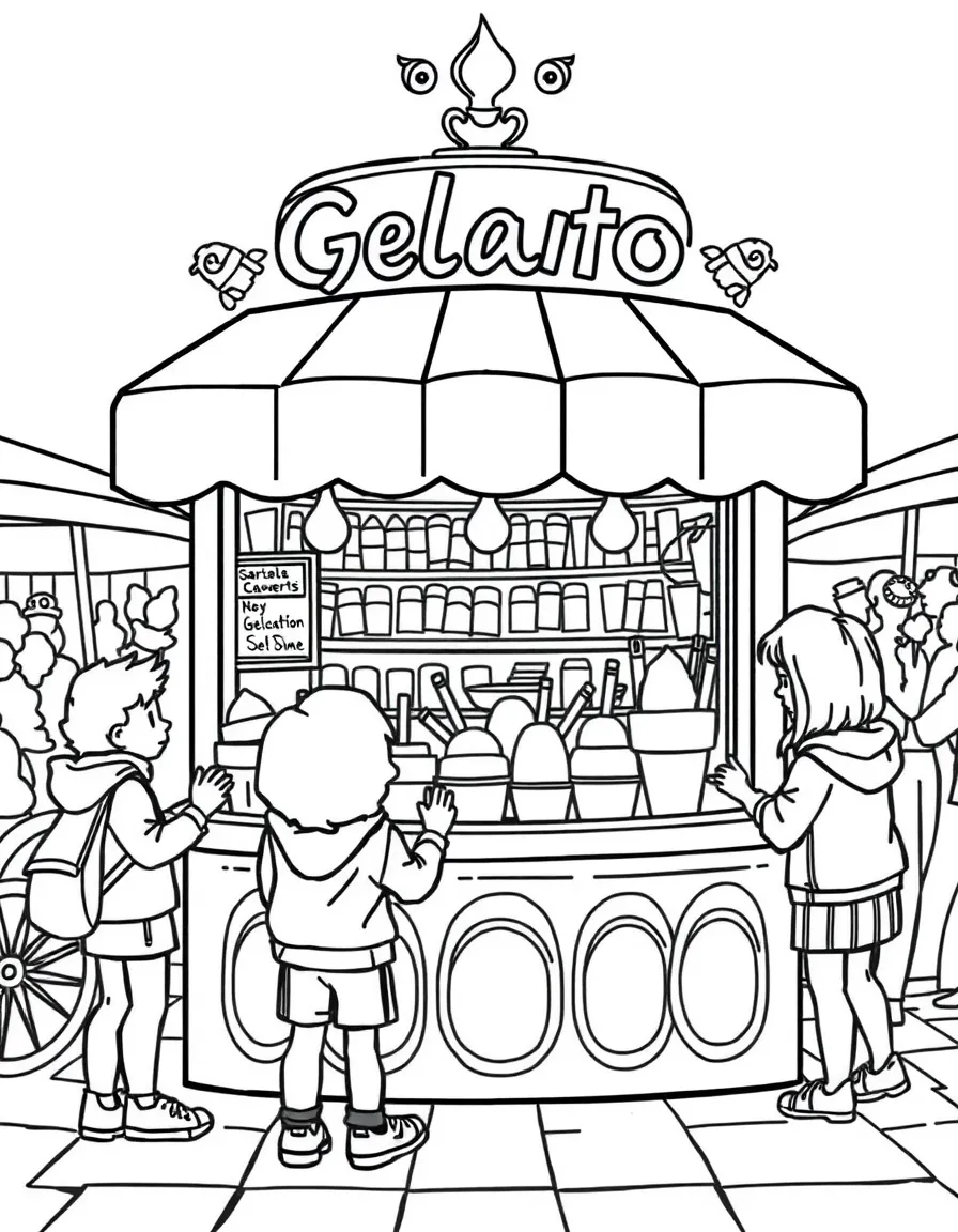 A delicious gelato stand in Rome with lots of flavors and happy kids choosing their favorites.