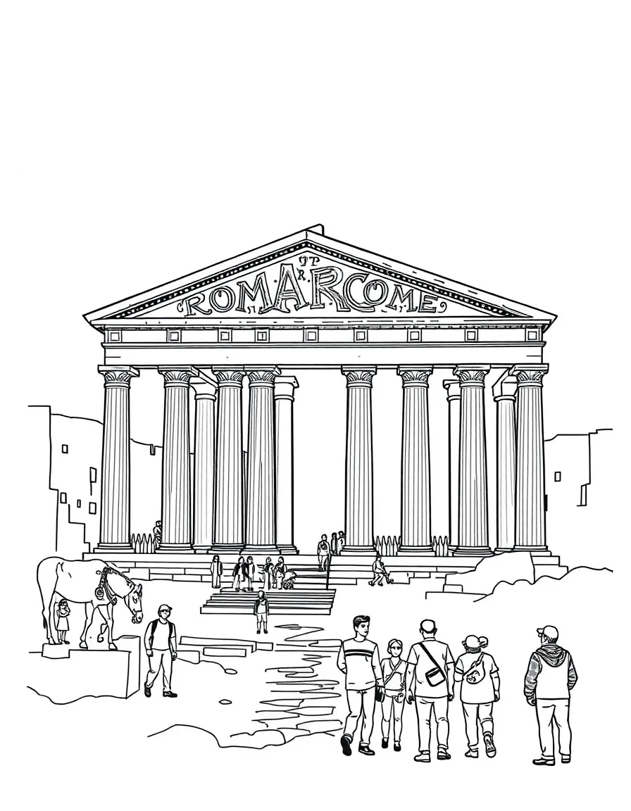The Roman Forum in Rome with ancient ruins and curious tourists exploring.