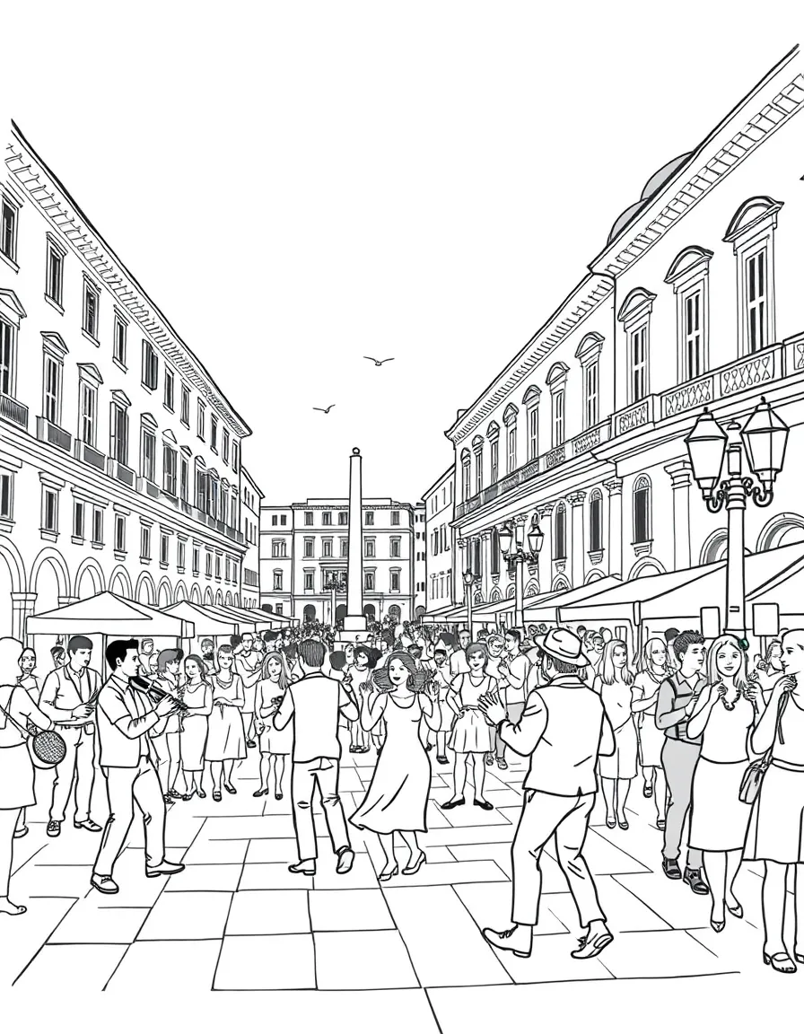 A busy piazza in Rome with street musicians playing and people dancing.