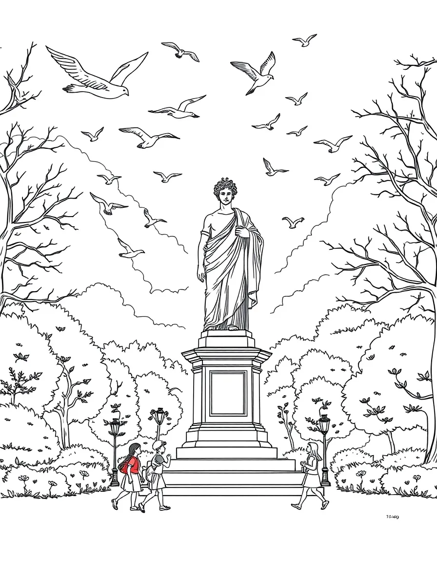 A beautiful statue in a Roman park with birds flying overhead and children playing nearby.
