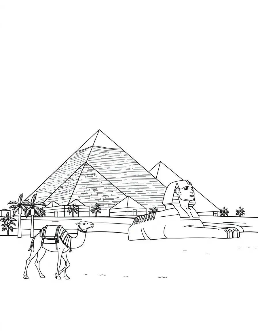 The Pyramids of Giza in Egypt with majestic camels walking by and the Sphinx watching over.