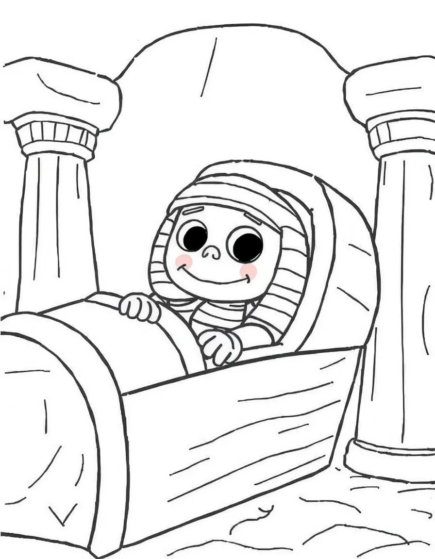 A friendly mummy (not scary!) peeking out from a sarcophagus in an Egyptian museum.