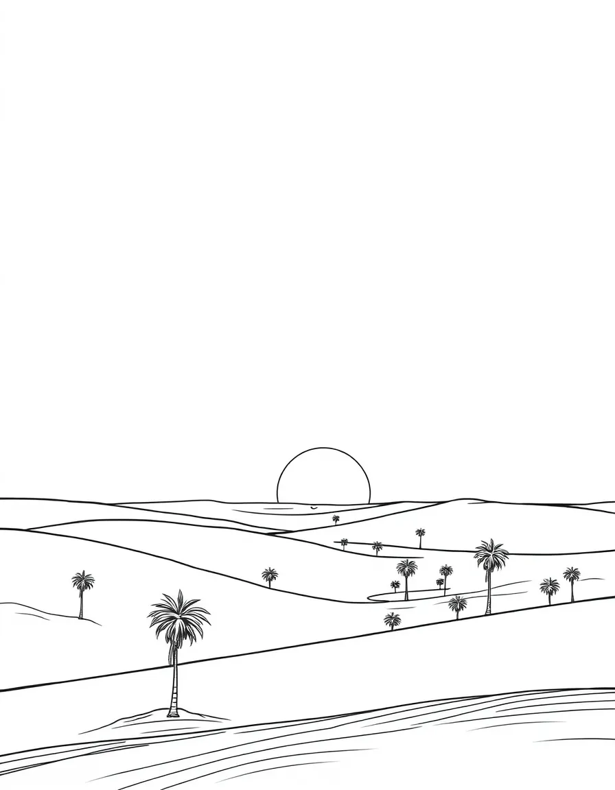 A panoramic view of the desert in Egypt with a sunset and tiny palm trees.