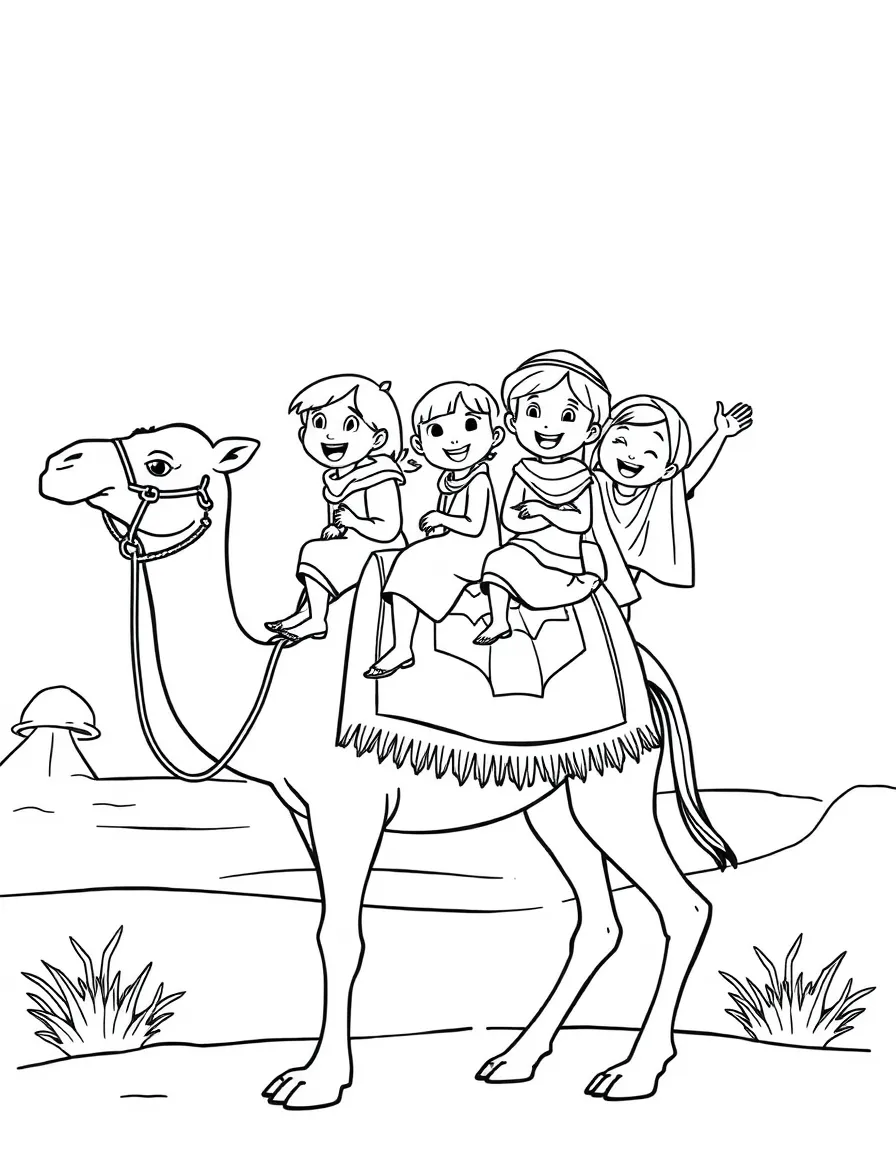 A group of happy children riding a camel in Egypt, laughing and waving.
