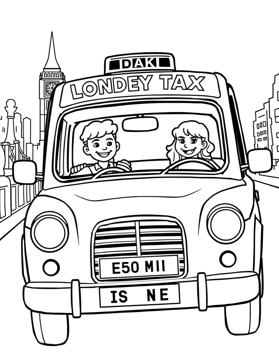 A traditional black cab in London with a friendly driver and happy passengers.