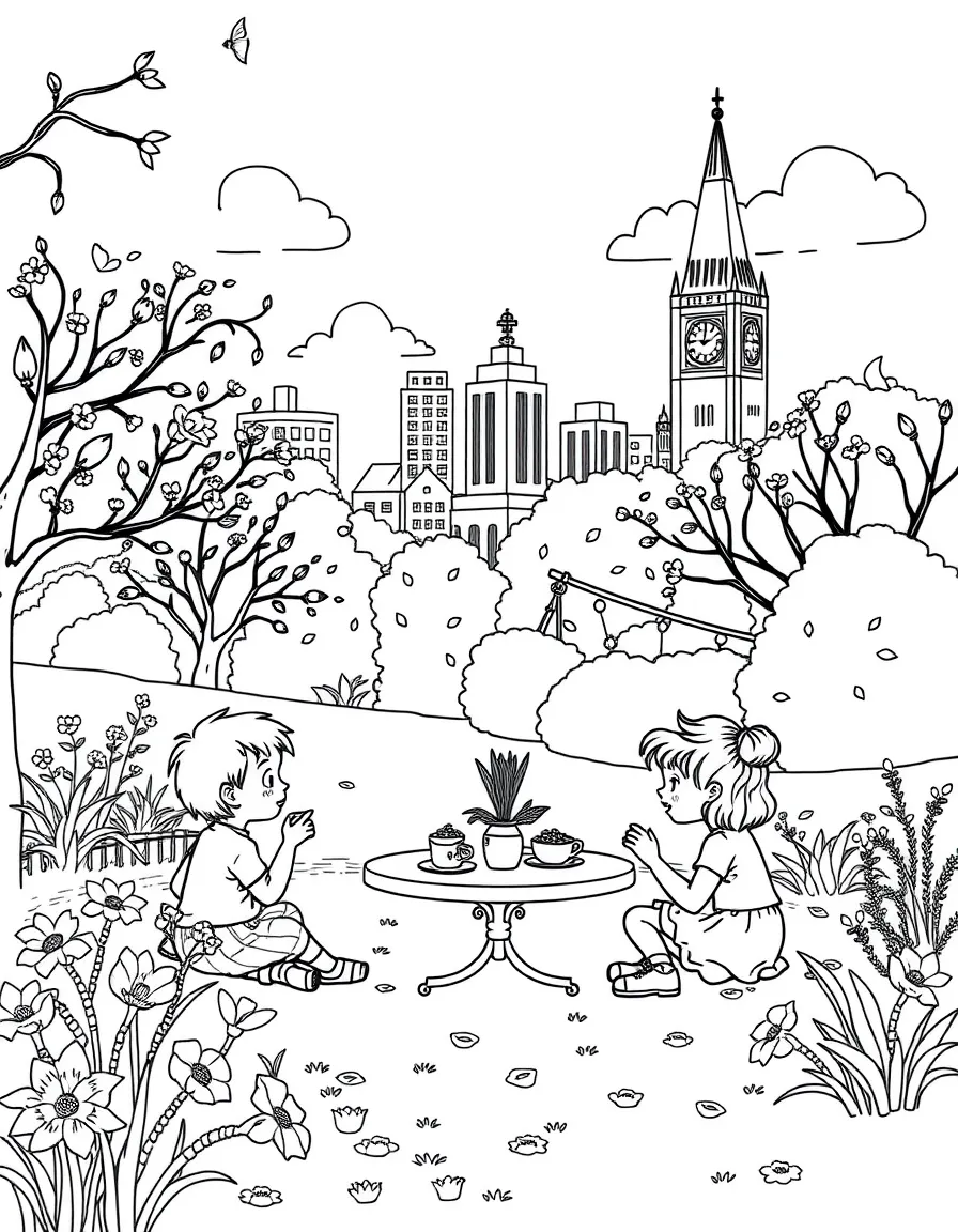 Kids playing in a park in London with beautiful flowers and a tiny tea party.