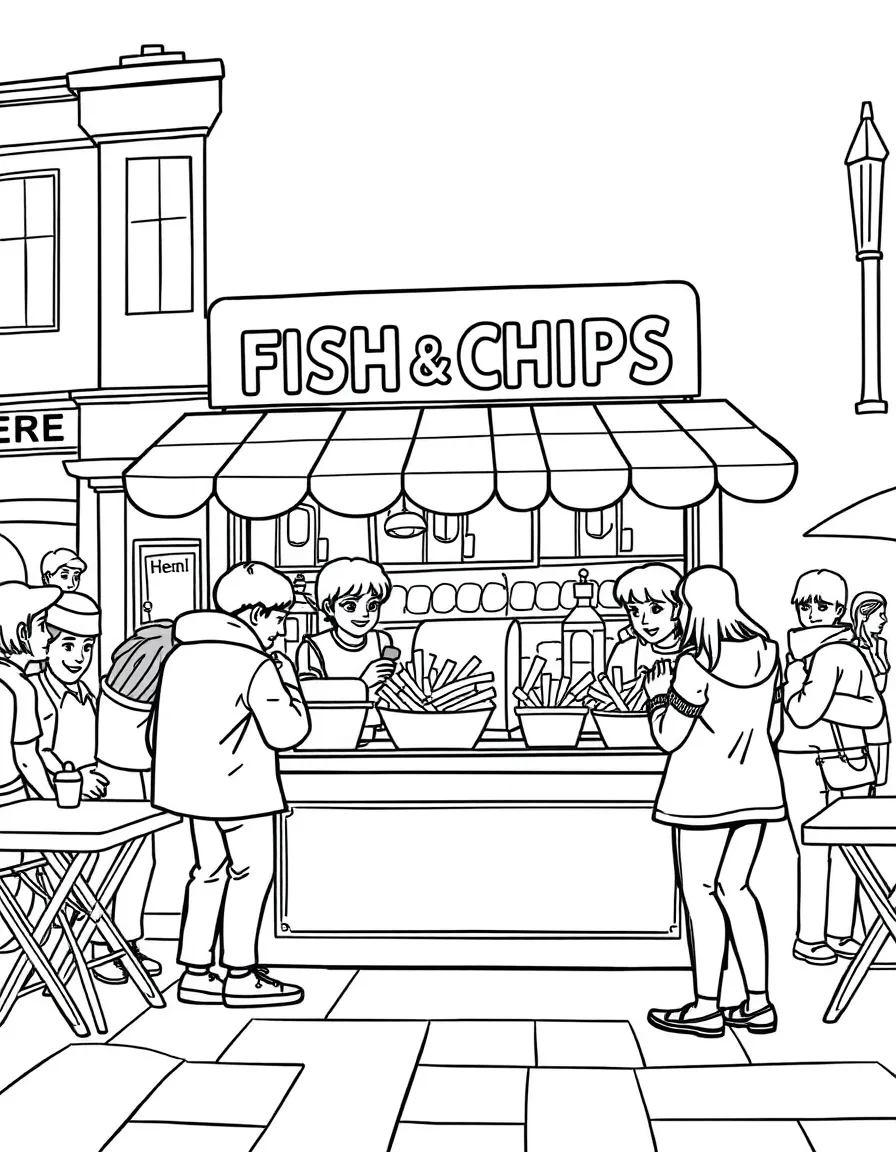 A delicious fish and chips stand in London with happy eaters.