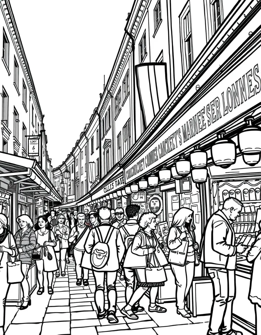A lively street market in London with colorful stalls and happy shoppers.