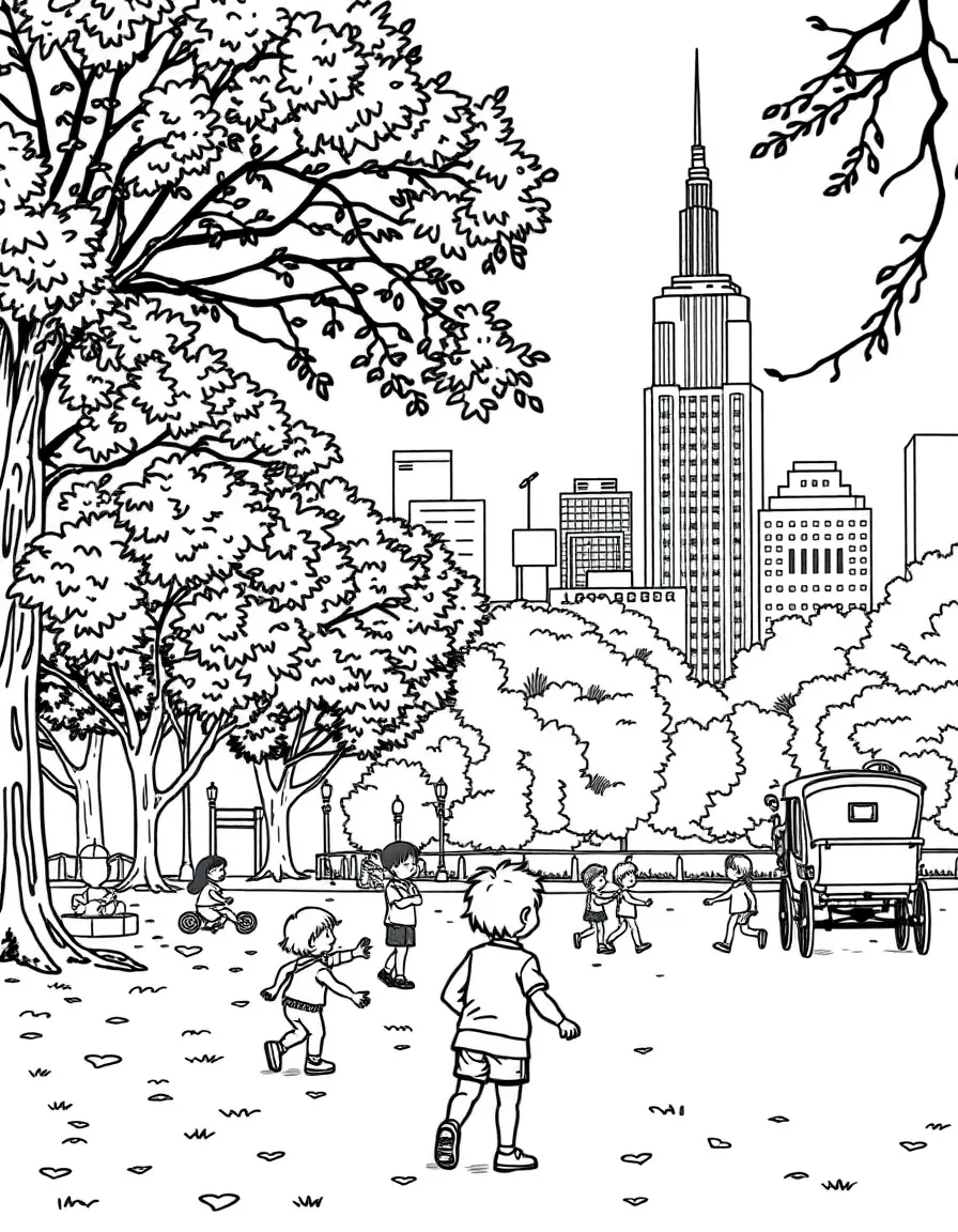 Kids playing in Central Park, New York City, with a horse-drawn carriage nearby.