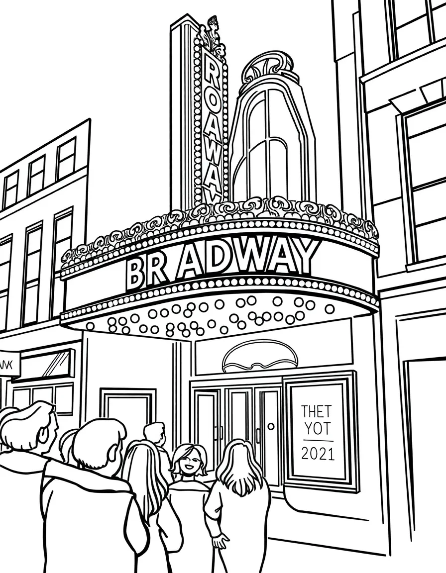 A Broadway theater in New York City with a bright marquee and happy show-goers.