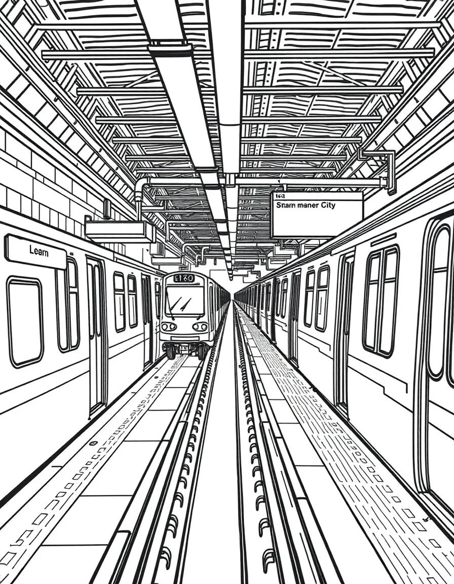 A busy subway station in New York City with trains arriving and departing.