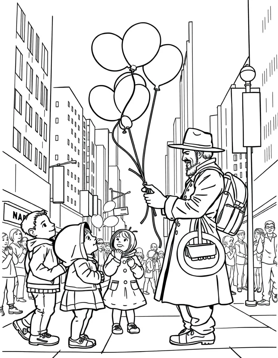 A street performer in New York City making balloon animals for happy children.