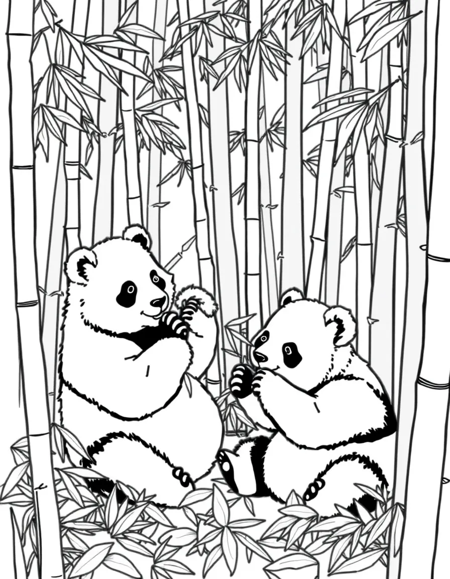Pandas playing in a bamboo forest in China, munching on leaves.
