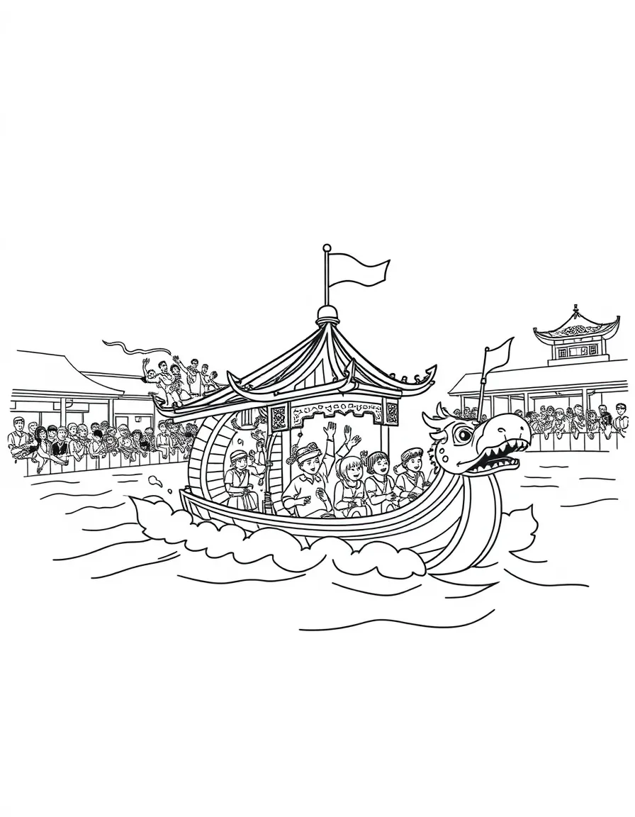 A traditional Chinese dragon boat race with colorful boats and cheering crowds.
