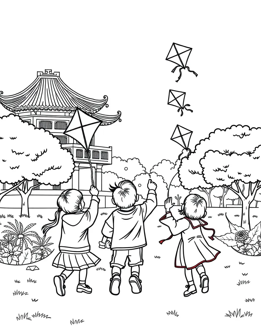 Kids flying colorful kites in a park in China.