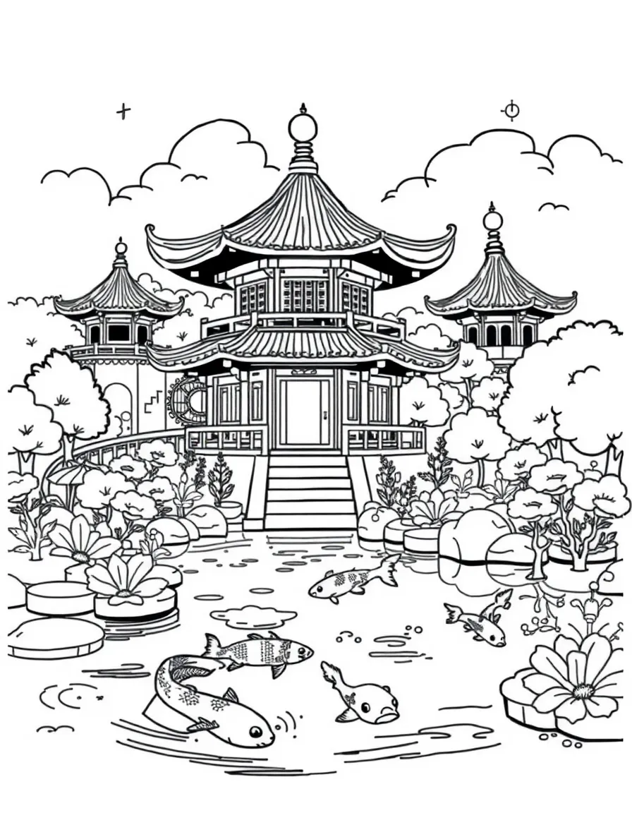 A beautiful Chinese garden with peaceful pagodas and koi fish in ponds.