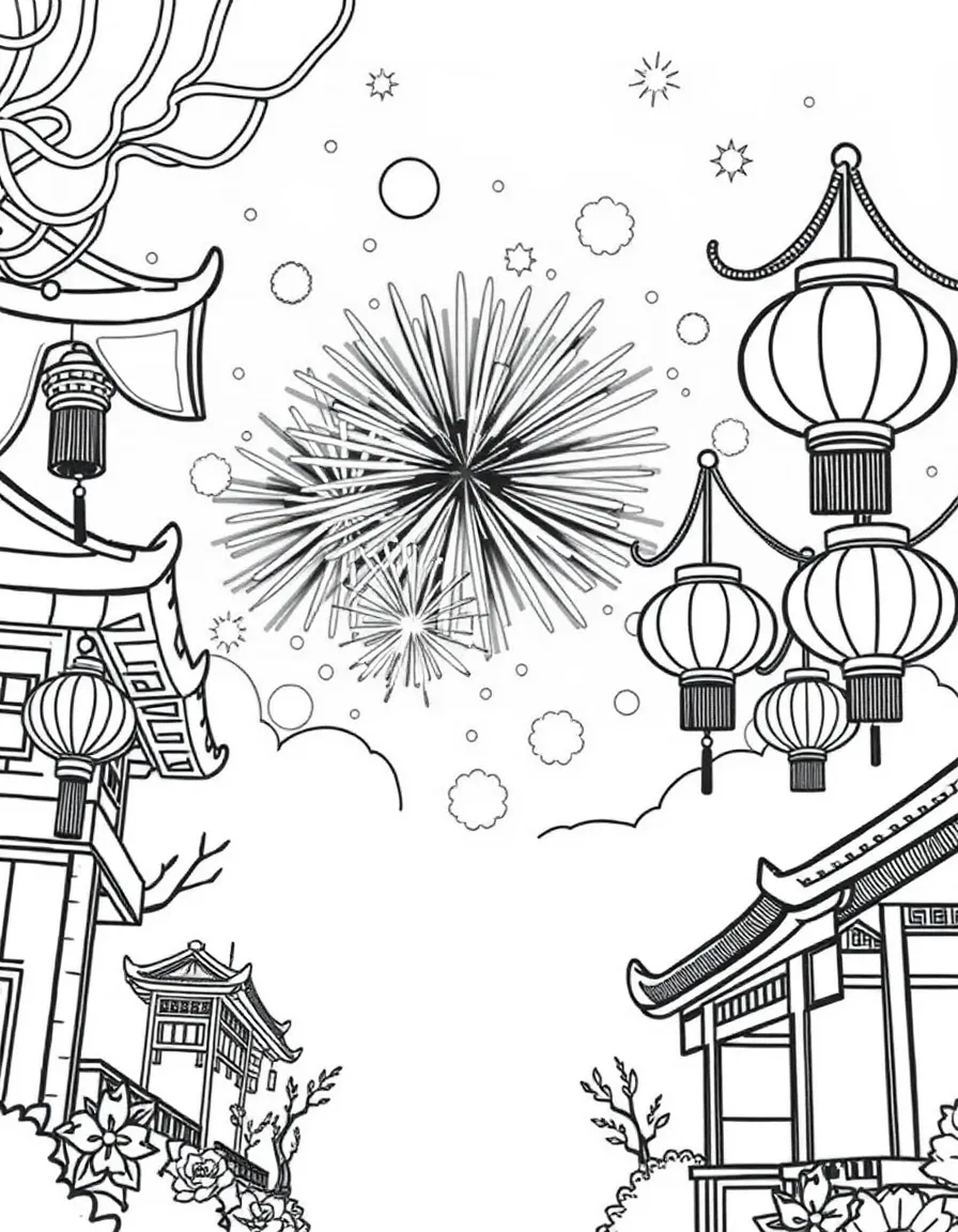 A traditional Chinese New Year celebration with fireworks and lanterns.