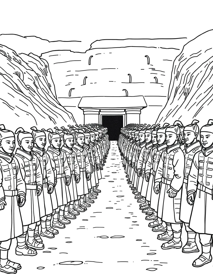 Terracotta warriors in China standing in rows, protecting an ancient tomb.