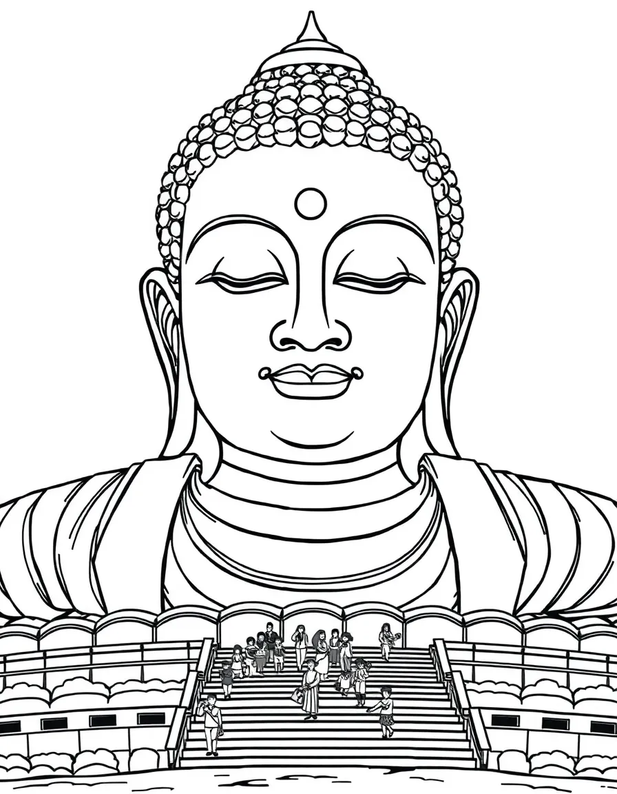 A giant Buddha statue in China with a peaceful expression and tiny visitors.