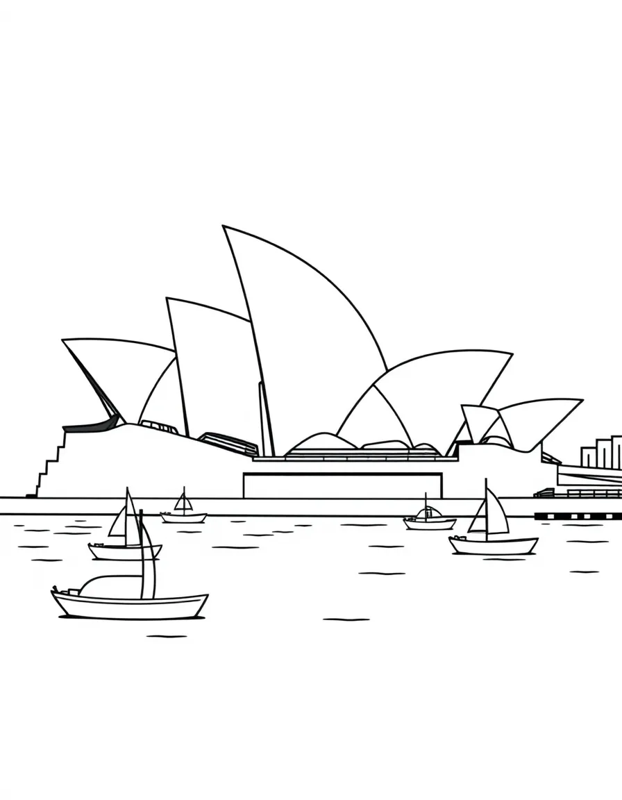 The Sydney Opera House in Australia with its unique sails and boats in the harbor.